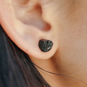 Small raw black tourmaline crystal stud earrings - Genuine gemstone rough mineral studs - Simple October birthday jewellery gift for her