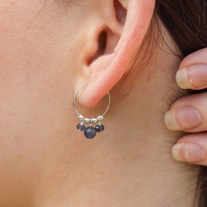 Iolite modern minimal hoops. Simple hoop earrings. Beaded hoops for her. Boho earrings. Iolite earrings. September birthstone