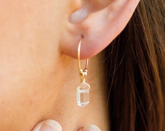 Clear Quartz Hoop Earrings, Double Terminated Crystal, Handmade Gemstone Jewelry