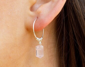 Rose Quartz Double Terminated Pointed Crystal Small Hoop Earrings by Handmade Genuine Gemstone Jewellery Brand Luna Tide