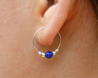 Tiny Lapis Lazuli Bead Huggie Hoop Earrings - Dainty Real Genuine Gemstone Hoops for Her - Birthday or Bridesmaid Gift for Spiritual Women