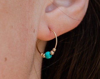 Tiny turquoise bead hoop earrings in silver, gold, or rose gold. Minimalist gemstone turquoise earrings for her. Everyday earrings gift.