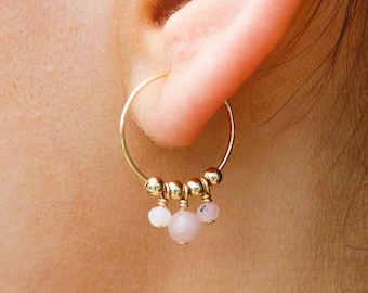 Pink Peruvian Opal Dainty Bead Drop Hoop Earrings, Small Feminine Light Crystal Hoop Earrings Gift for Her, Non-Tarnish Genuine Gem Jewelry
