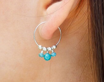 Turquoise hoop earrings. Boho earrings. Turquoise earrings. Small hoop earrings. Silver hoop earrings. Drop earrings. Statement earrings.
