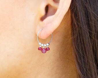 Ruby Bead Hoop Earrings, Dainty Gemstone, Sterling Silver