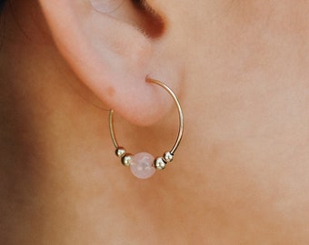 Tiny Dainty Rose Quartz Bead Huggie Hoop Earrings - Elegant Genuine Gemstone Hoops for Her - Birthday or Bridesmaid Gift for Spiritual Women