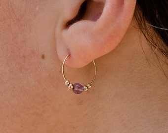 Tiny purple amethyst bead hoop earrings in silver, gold, or rose gold. Simple gemstone amethyst earrings for women. Everyday earrings gift.