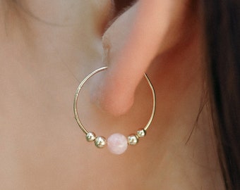 Tiny Pink Peruvian Opal Bead Huggie Hoop Earrings - Dainty Genuine Gemstone Hoops for Her - Birthday or Bridesmaid Gift for Spiritual Women