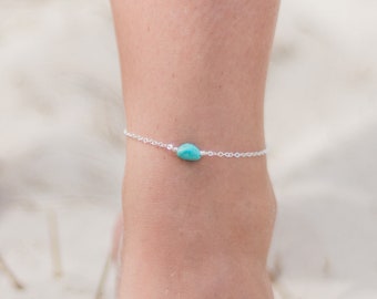 Raw turquoise crystal nugget anklet bracelet in gold, silver, bronze or rose gold - 8" chain with 2" adjustable extender
