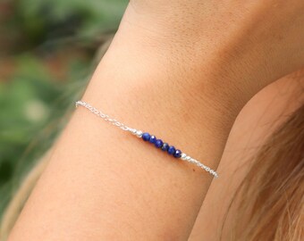 Sparkling natural lapis lazuli semi-precious gemstone bead bar bracelet. Real genuine crystal jewellery. September birthstone gift for her.