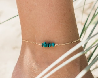 Turquoise bead bar crystal gemstone anklet in bronze, silver, gold or rose gold - 8" chain with 2" adjustable extender - December birthstone