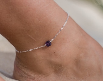 Raw purple amethyst crystal nugget anklet bracelet in gold, silver, bronze or rose gold - 8" chain with 2" adjustable extender