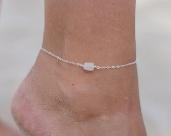 Raw rainbow moonstone crystal nugget anklet bracelet in gold, silver, bronze or rose gold - 8" chain with 2" adjustable extender