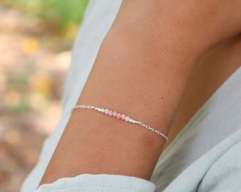 Sparkling pink Peruvian opal semi-precious gemstone bead bar bracelet. Real genuine crystal jewellery. October birthstone gift for her.