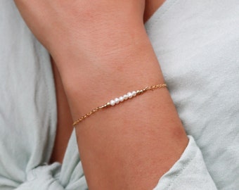 Tiny freshwater pearl bead bar bracelet. White pearl bracelet. Elegant beaded bar bracelet for women. Dainty June birthstone bracelet gift.