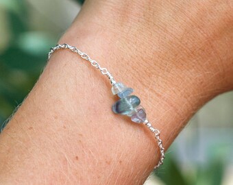 Handmade Fluorite Sterling Silver Chip Bead Bracelet - Gemstone Bar