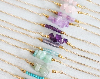 Gemstone Bar Necklace - Gemstone Necklace - Birthsone Necklace - Tiny Gemstone Necklace - Crystal Bead Bar Necklace - Crystal Necklace