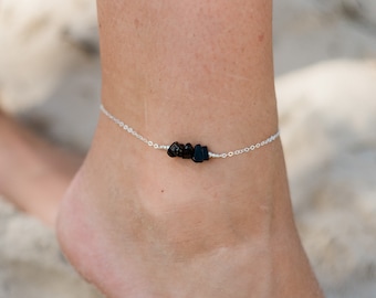 Black onyx bead bar crystal gemstone anklet in bronze, silver, gold or rose gold - 8" chain with 2" adjustable extender - July birthstone