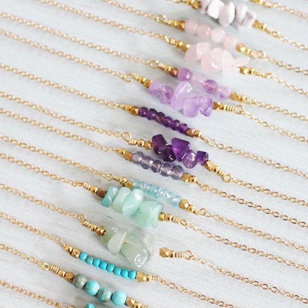 Gemstone Bar Necklace - Gemstone Necklace - Birthsone Necklace - Tiny Gemstone Necklace - Crystal Bead Bar Necklace - Crystal Necklace