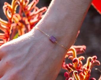 Raw red pink ruby crystal bracelet in gold, silver, bronze, or rose gold - 6" chain with 2" adjustable extender - July birthstone