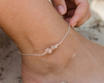 Pink peruvian opal bead bar crystal gemstone anklet in bronze, silver, gold or rose gold - 8" chain with 2" extender - October birthstone