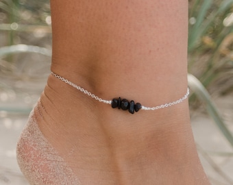 Black Tourmaline bead bar crystal gemstone anklet in bronze, silver, gold or rose gold - 8" chain with 2" adjustable extender