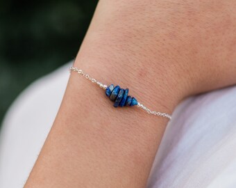 Lapis lazuli bead bar crystal bracelet in bronze, silver, gold or rose gold - 6" chain with 2" adjustable extender - September birthstone