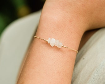 White moonstone bead bar crystal bracelet in bronze, silver, gold or rose gold - 6" chain with 2" adjustable extender. June birthstone.