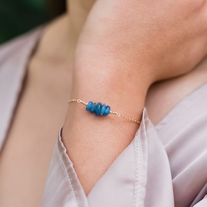 Blue kyanite bead bar crystal bracelet in bronze, silver, gold or rose gold 6 chain with 2 adjustable extender image 1