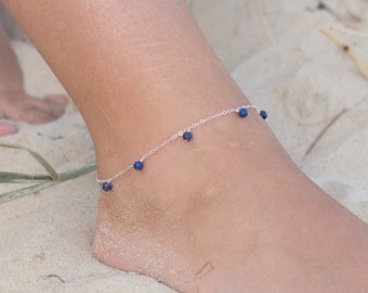 Boho blue lapis lazuli gemstone dangle bead drop anklet in gold, silver, bronze or rose gold - 9" wide with 2" adjustable extender