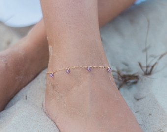 Boho purple amethyst gemstone dangle bead drop anklet in gold, silver, bronze or rose gold - 9" wide with 2" adjustable extender