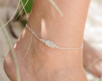 White moonstone bead bar crystal gemstone anklet in bronze, silver, gold, rose gold. 8" chain with 2" adjustable extender. June birthstone