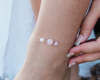 Rose quartz beaded anklet. Rose quartz anklet. Pink rosary anklet. Pink crystal anklet. Bead anklet. Boho anklet in gold, silver or bronze.