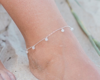 Boho rainbow moonstone gemstone dangle bead drop anklet in gold, silver, bronze or rose gold - 9" wide with 2" adjustable extender