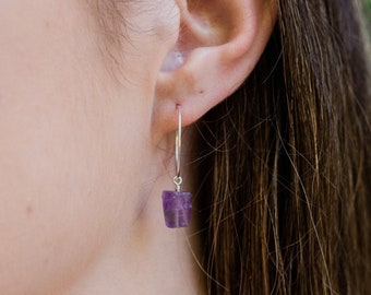 Purple amethyst raw crystal hoop earrings in gold, silver, bronze, or rose gold - Natural crystal February birthstone hoops
