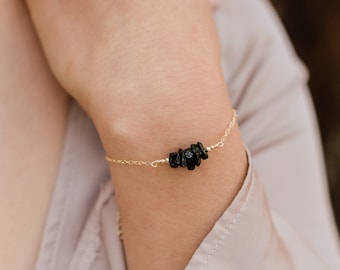 Black onyx bead bar crystal bracelet in bronze, silver, gold or rose gold - 6" chain with 2" adjustable extender - July birthstone