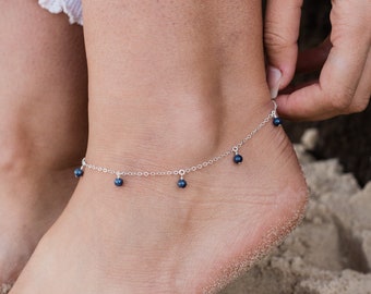 Blue Sapphire Bead Drop Anklet, Sterling Silver Boho Dangle