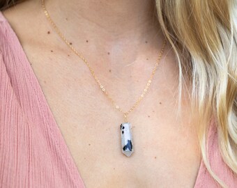 Spotted rainbow moonstone crystal generator point pendant necklace. Mineral gemstone jewellery. Natural stone June birthstone necklace gift.