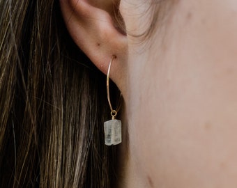 Rainbow moonstone raw crystal hoop earrings in gold, silver, bronze, or rose gold - Natural crystal June birthstone hoops