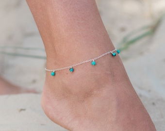 Boho turquoise gemstone dangle bead drop anklet in gold, silver, bronze or rose gold - 9" wide with 2" adjustable extender