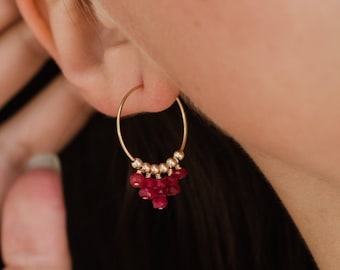 Ruby hippie earrings. Hoop fringe earrings. Modern tribal hoops. Statement earrings. Ruby earrings. Beaded earrings. July birthstone