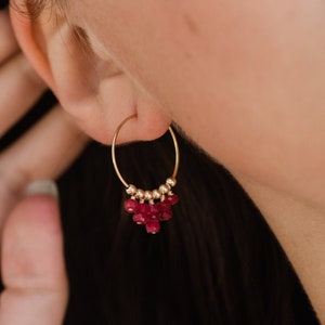 Ruby hippie earrings. Hoop fringe earrings. Modern tribal hoops. Statement earrings. Ruby earrings. Beaded earrings. July birthstone image 1