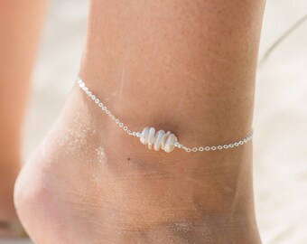 Freshwater pearl bead bar crystal gemstone anklet in bronze, silver, gold or rose gold - 8" chain with 2" extender - June birthstone