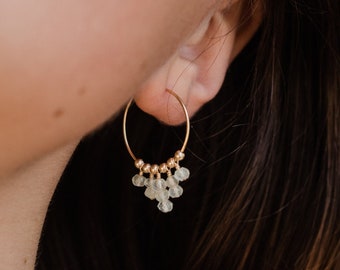 Green prehnite statement hoop earrings in bronze, silver, gold or rose gold. Bohemian gemstone beaded thin hoop earrings. Gift for her.