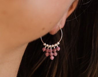 Pink Tourmaline statement hoop earrings in bronze, silver, gold or rose gold. Bohemian gemstone beaded thin hoop earrings. Gift for her.