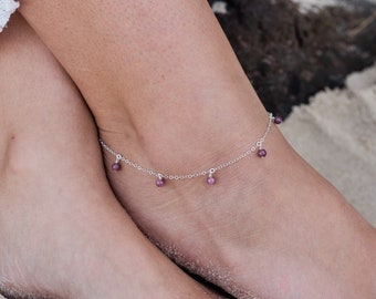 Boho pink red ruby gemstone dangle bead drop anklet in gold, silver, bronze or rose gold - 9" wide with 2" extender. July birthstone.