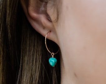 Turquoise raw crystal hoop earrings in gold, silver, bronze, or rose gold - Natural crystal December birthstone hoops