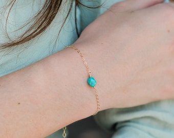Raw blue green turquoise crystal bracelet in gold, silver, bronze, or rose gold - 6" chain with 2" adjustable extender