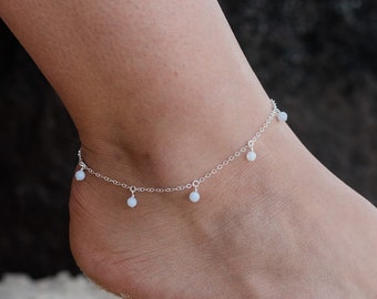 Boho blue lace agate gemstone dangle bead drop anklet in gold, silver, bronze or rose gold - 9" wide with 2" adjustable extender