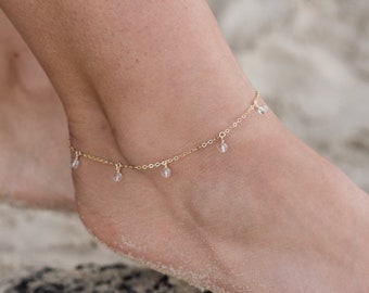 Boho crystal quartz gemstone dangle bead drop anklet in gold, silver, bronze or rose gold - 9" wide with 2" extender. April birthstone